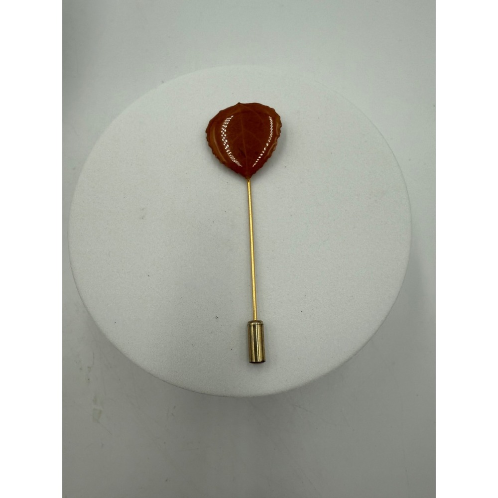 Vintage Gold Tone Burnt Orange Leaf Stick Pin Lapel Scarf Hat Pin Accessory
